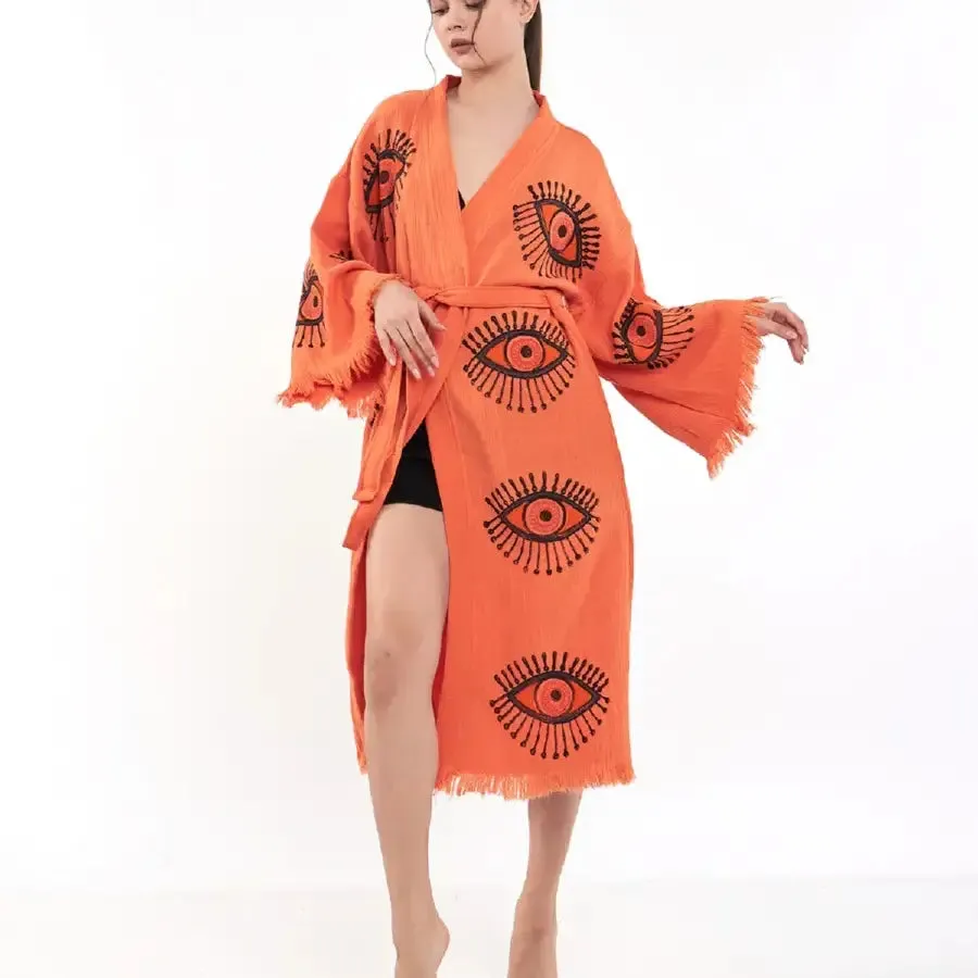 0 Cotton Kimono, Evil Eye Robe, Boho Kimono