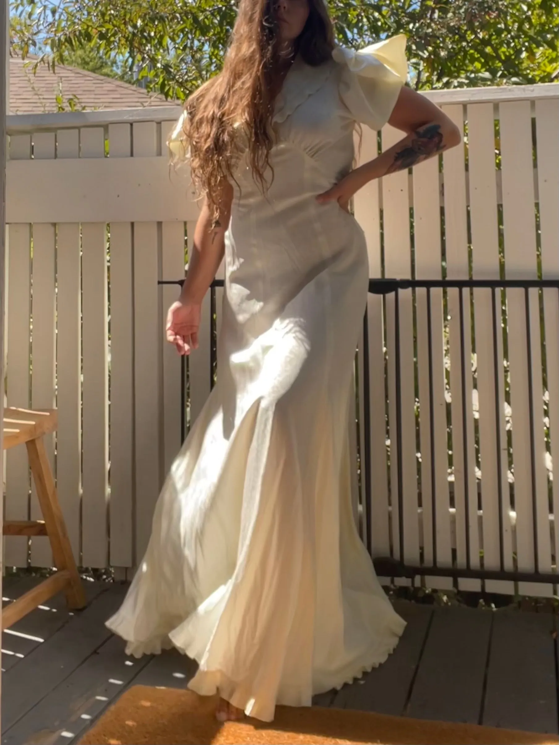 1930s Exaggerated Sculptural Sleeve Taffeta Tie Waist Wedding Gown