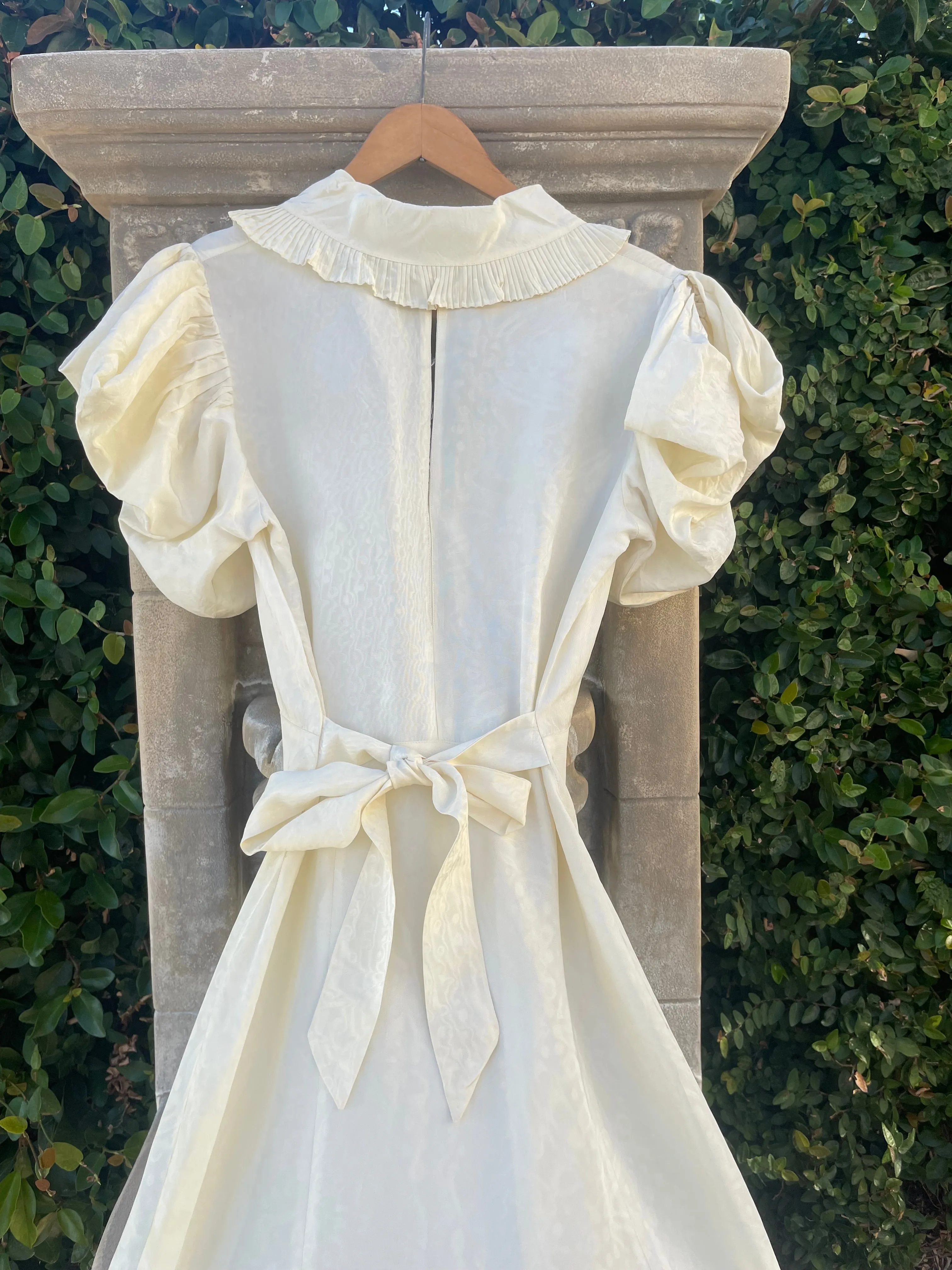 1930s Exaggerated Sculptural Sleeve Taffeta Tie Waist Wedding Gown