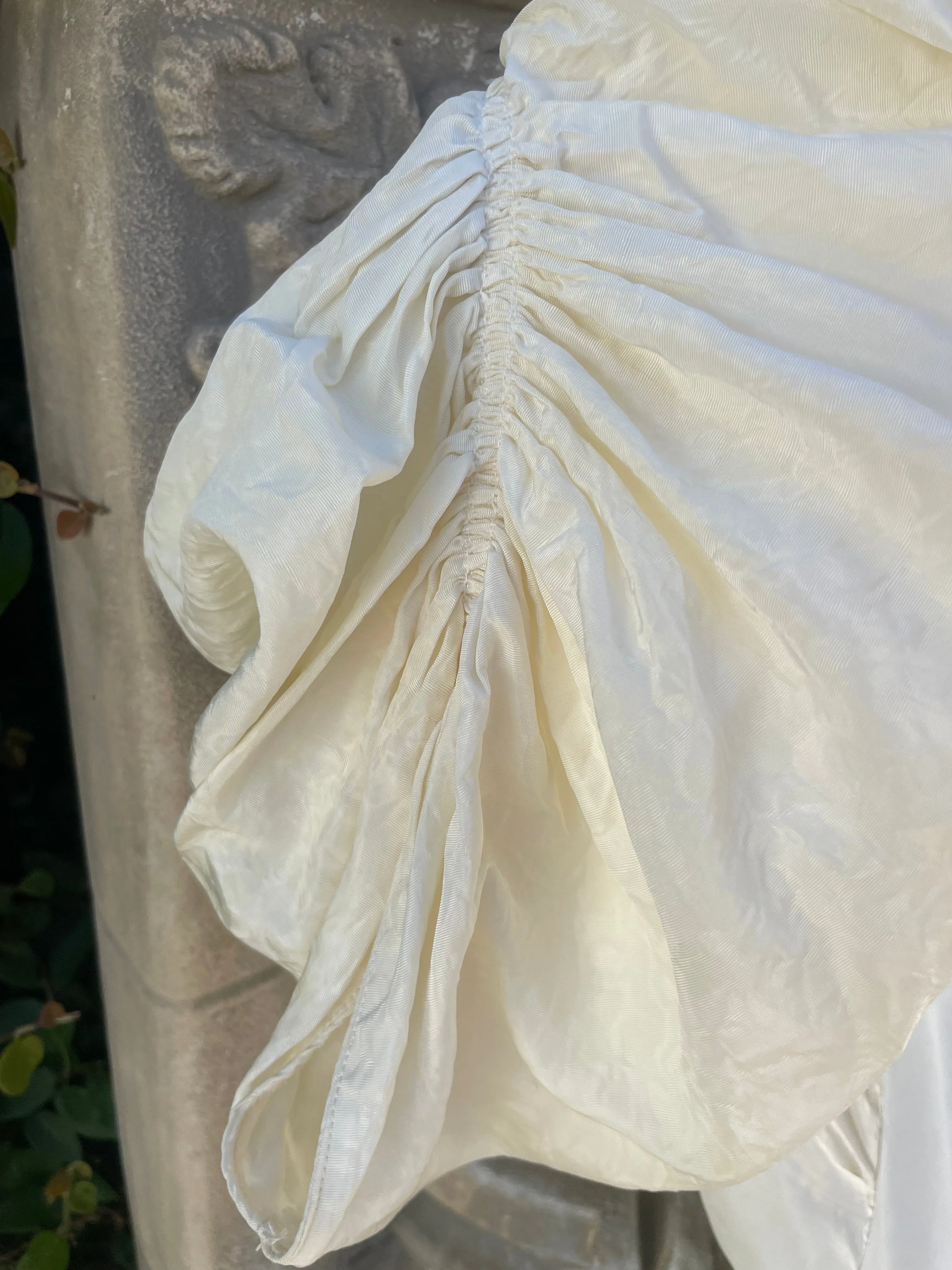 1930s Exaggerated Sculptural Sleeve Taffeta Tie Waist Wedding Gown