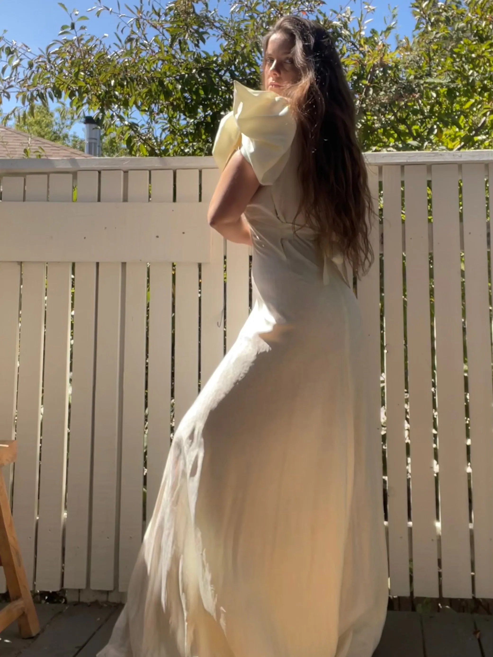 1930s Exaggerated Sculptural Sleeve Taffeta Tie Waist Wedding Gown