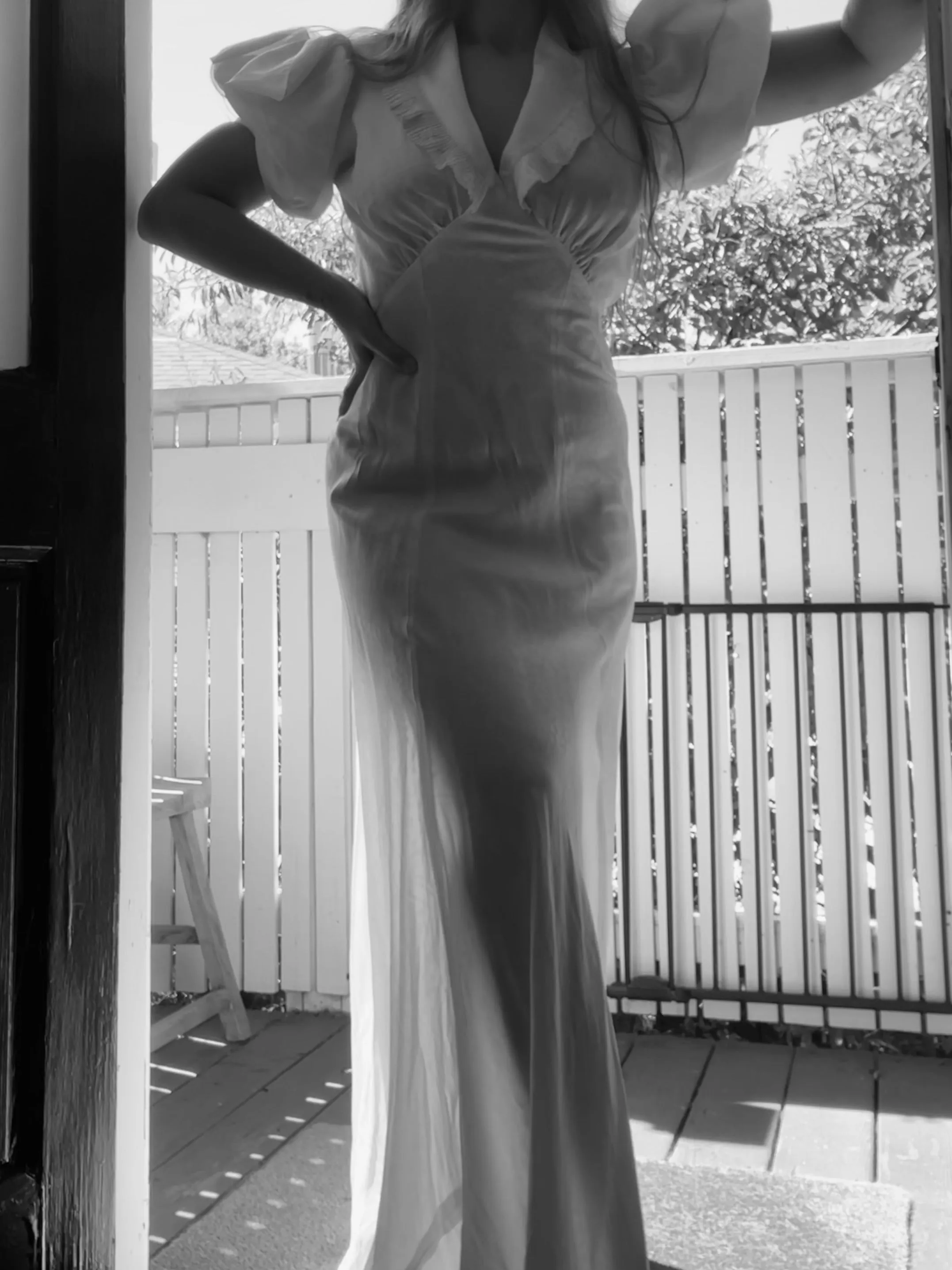 1930s Exaggerated Sculptural Sleeve Taffeta Tie Waist Wedding Gown
