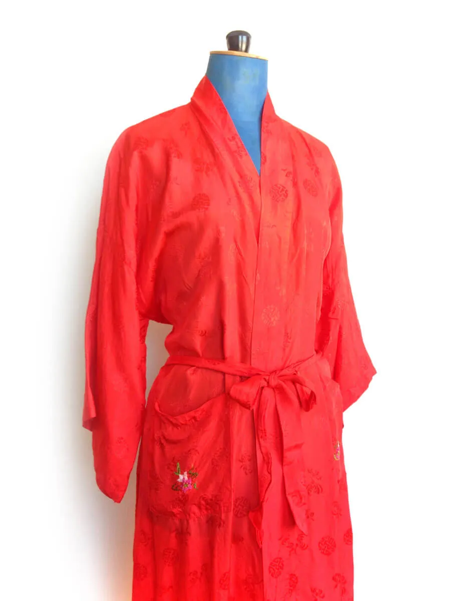 1960s Red Kimono Embroidered Rayon
