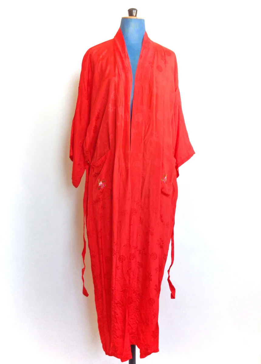 1960s Red Kimono Embroidered Rayon