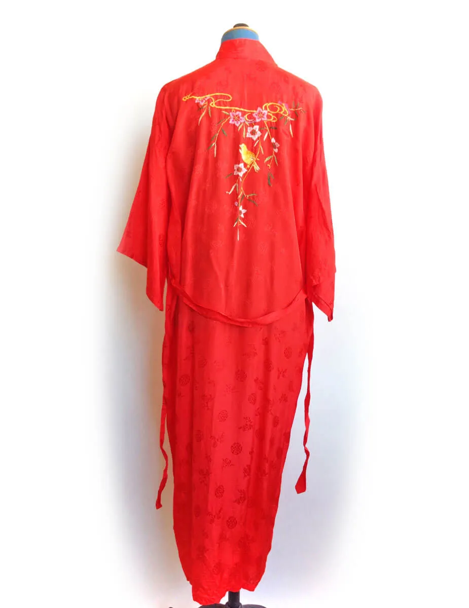 1960s Red Kimono Embroidered Rayon