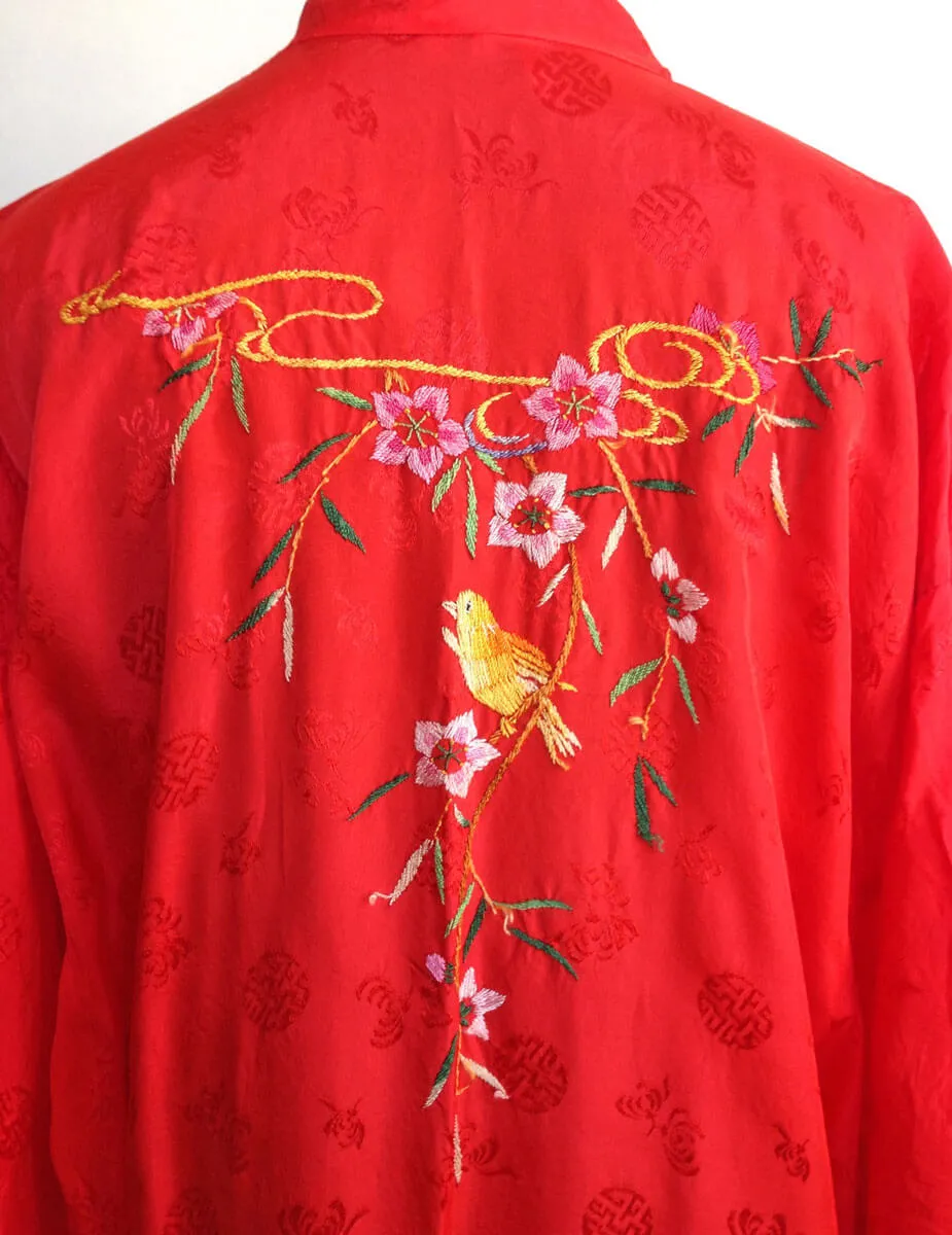 1960s Red Kimono Embroidered Rayon