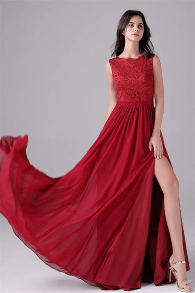 A-Line Jewel Lace Floor Length Sleeveless Backless High slit mother's dress