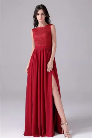 A-Line Jewel Lace Floor Length Sleeveless Backless High slit mother's dress