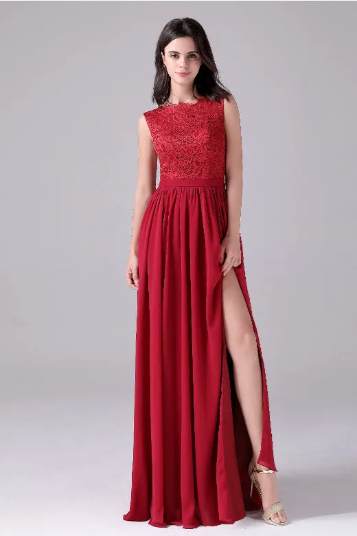 A-Line Jewel Lace Floor Length Sleeveless Backless High slit mother's dress