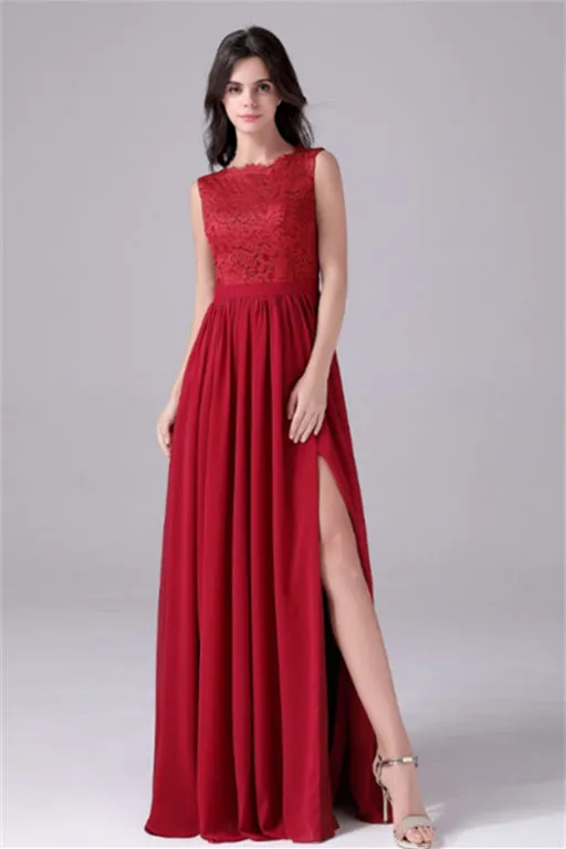 A-Line Jewel Lace Floor Length Sleeveless Backless High slit mother's dress