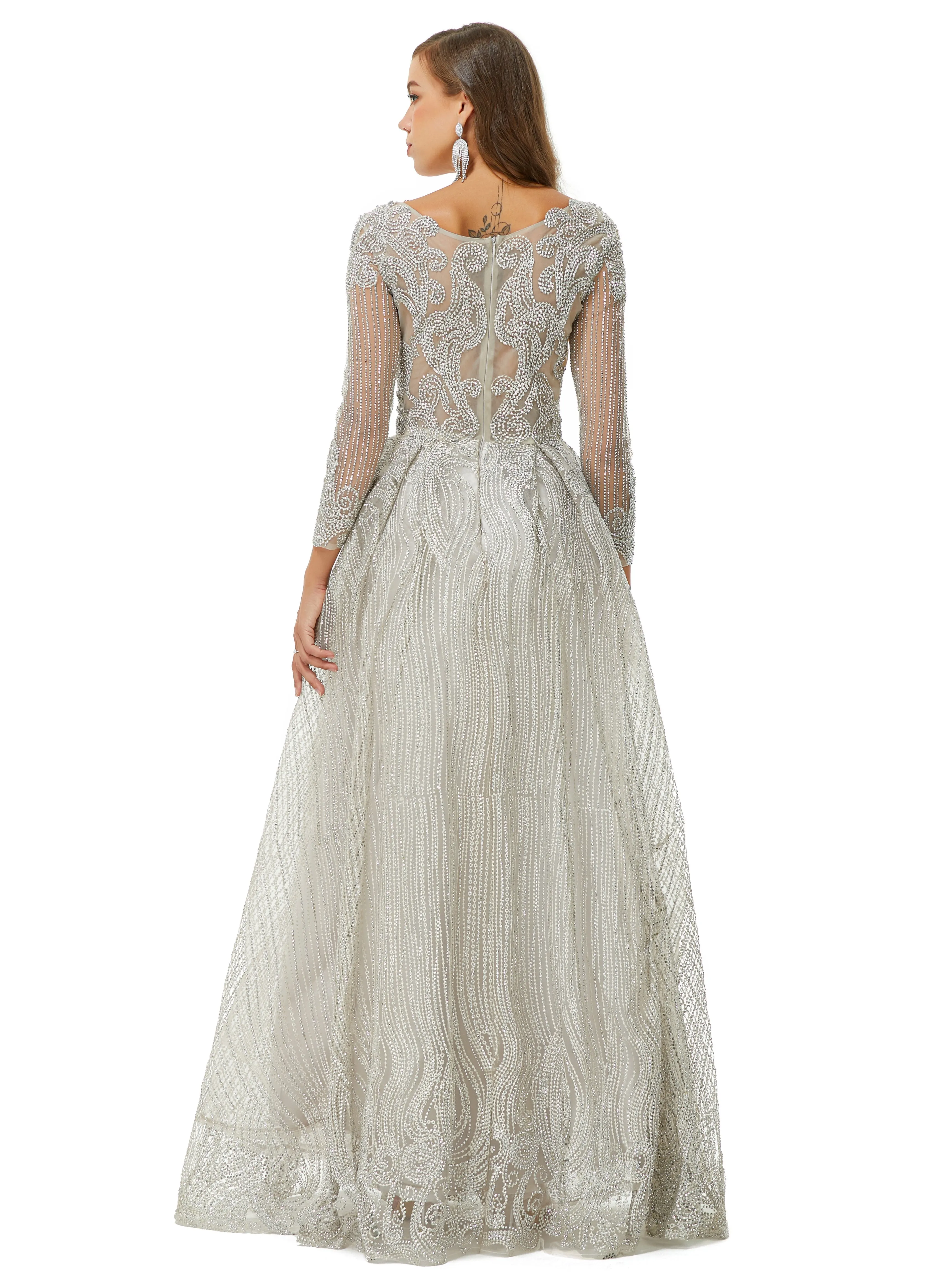 A-line V-neck Beading Floor-length Long Sleeve Open Back Lace Prom Dress