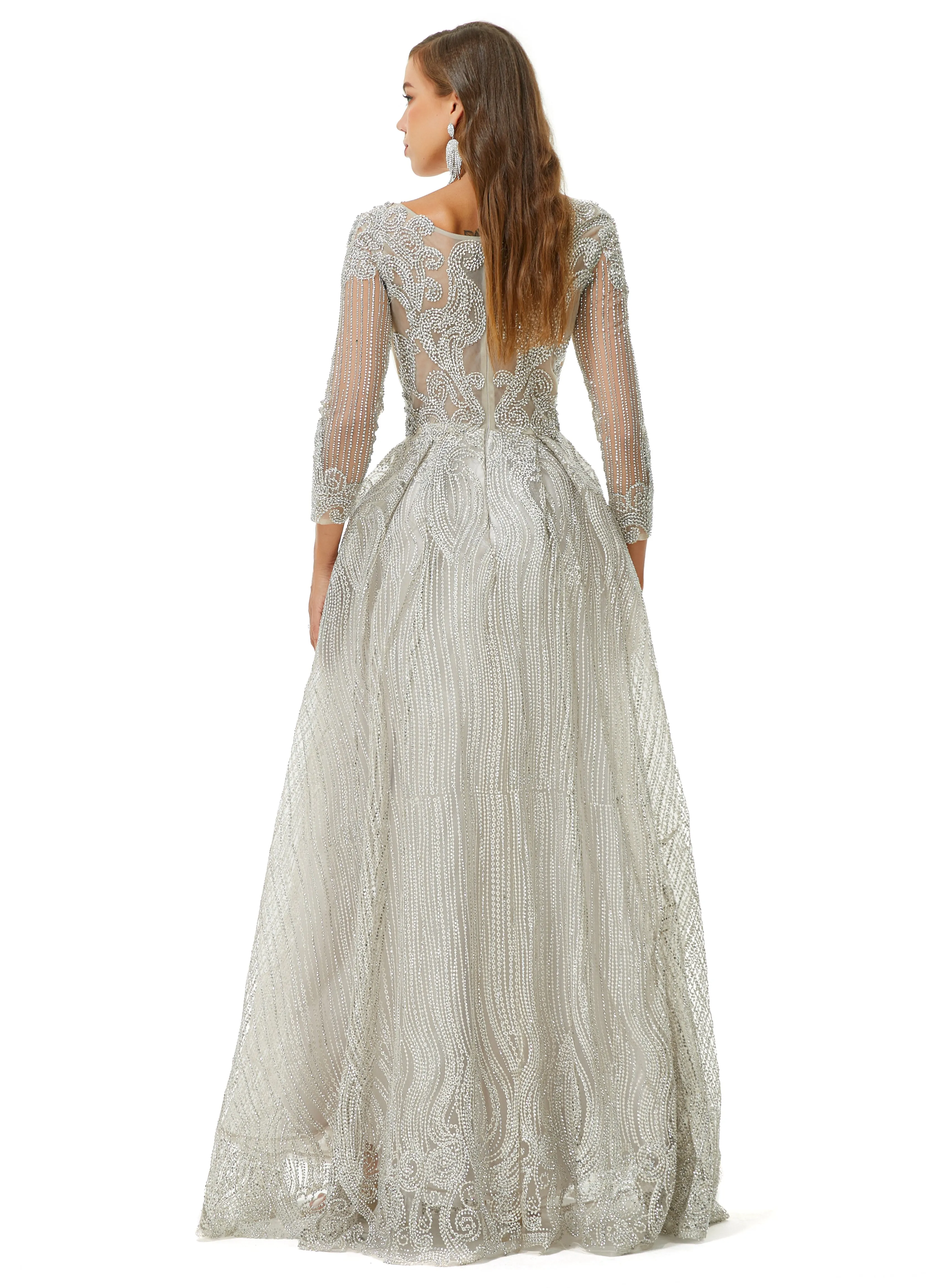 A-line V-neck Beading Floor-length Long Sleeve Open Back Lace Prom Dress