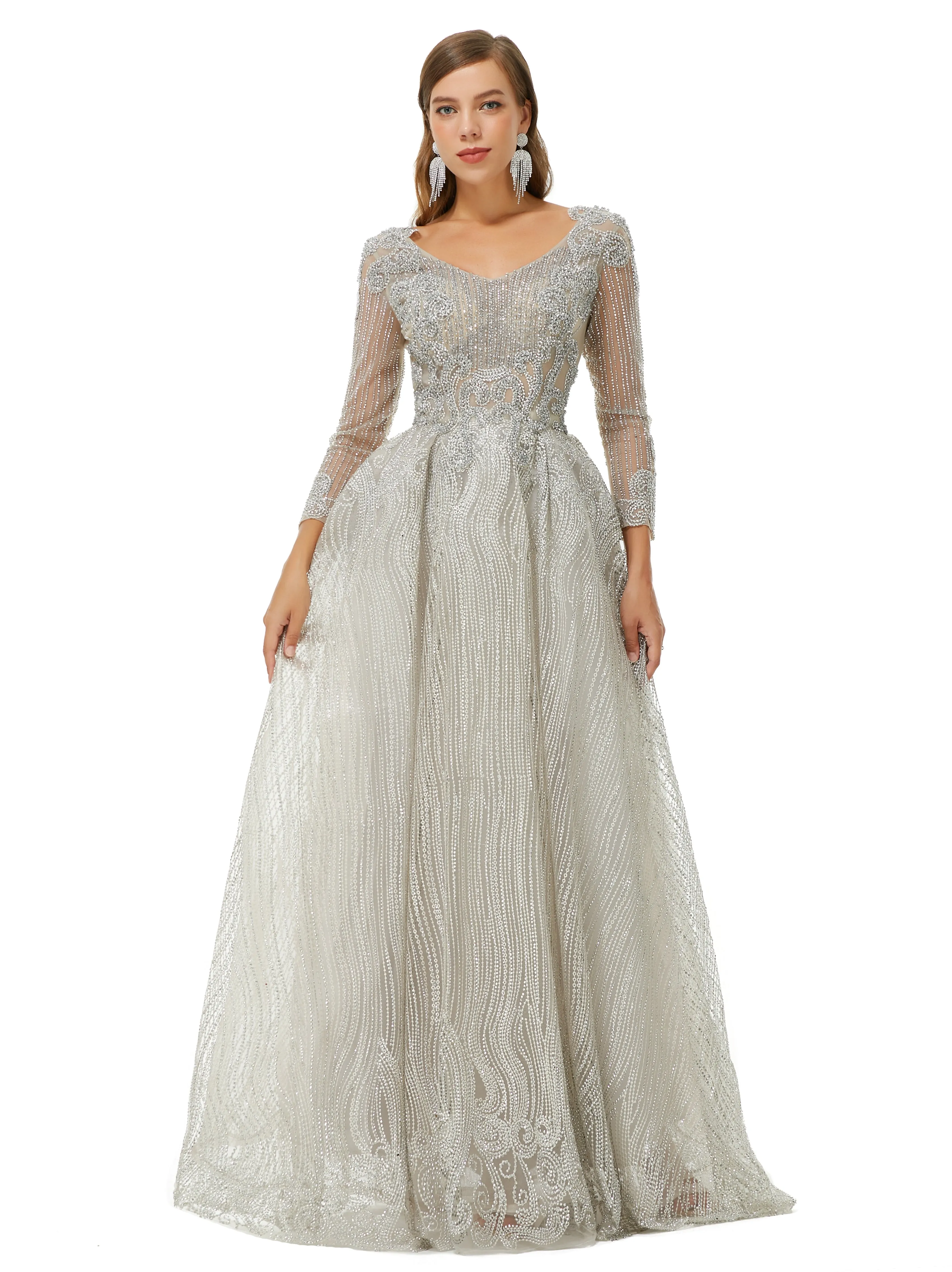 A-line V-neck Beading Floor-length Long Sleeve Open Back Lace Prom Dress