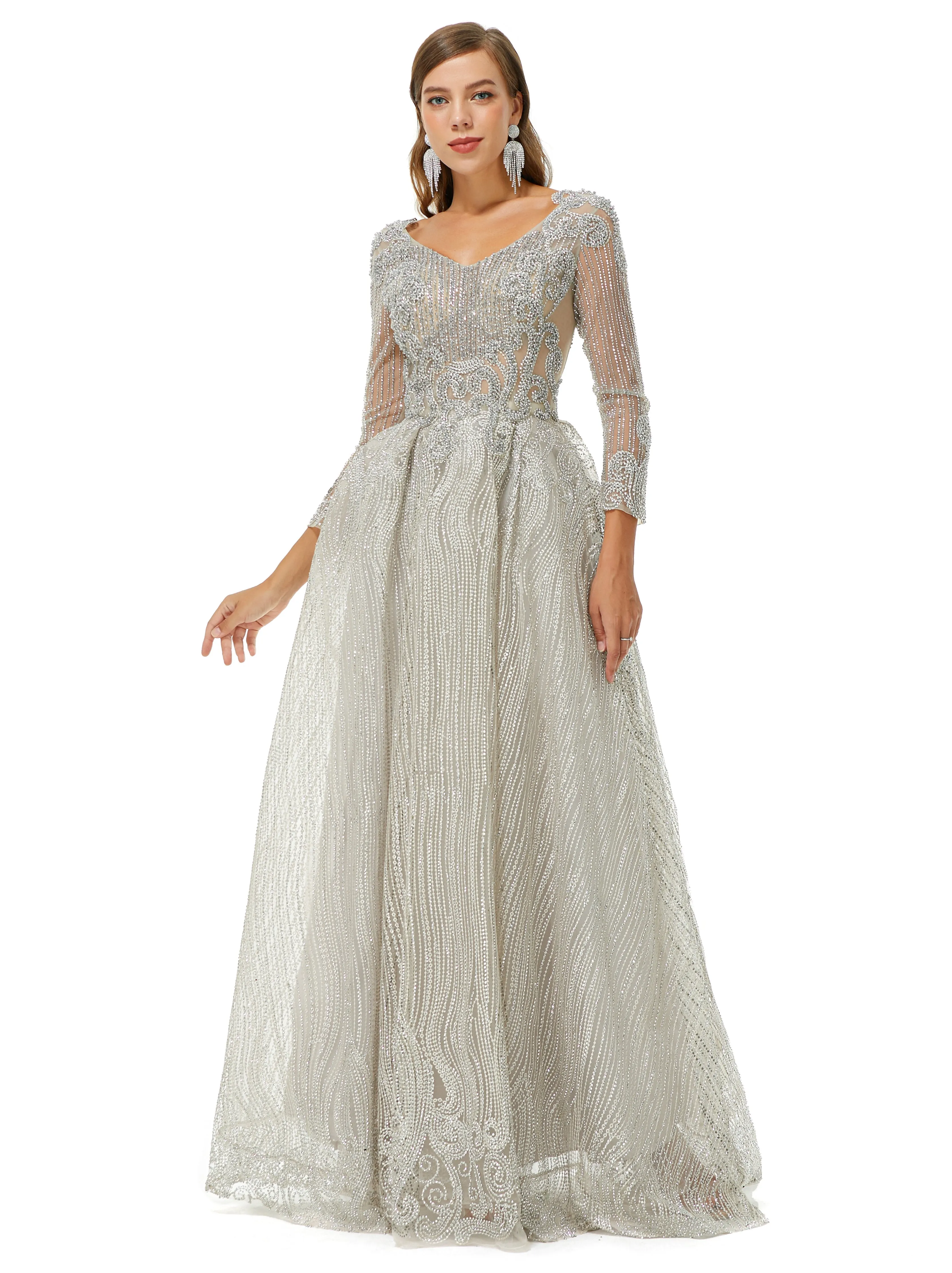 A-line V-neck Beading Floor-length Long Sleeve Open Back Lace Prom Dress