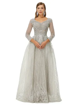 A-line V-neck Beading Floor-length Long Sleeve Open Back Lace Prom Dress
