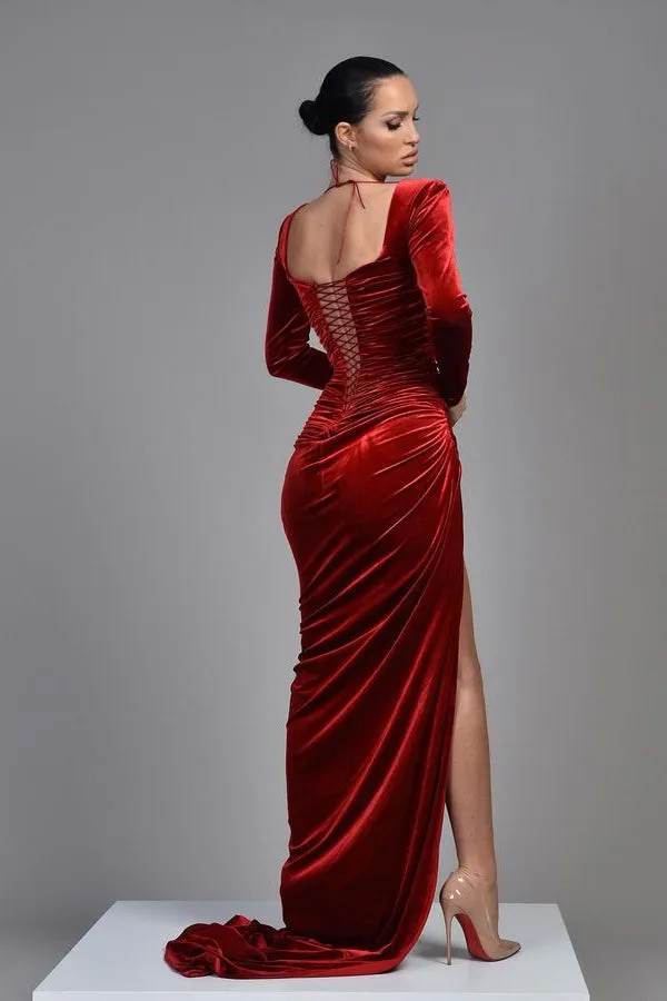 Amazing Long Sleeves Burgundy Prom Dress Velvet  Split