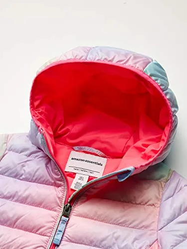 Amazon Essentials Girls' Lightweight Water-Resistant Packable Hooded Puffer Jacket, Pink, Ombre, Medium