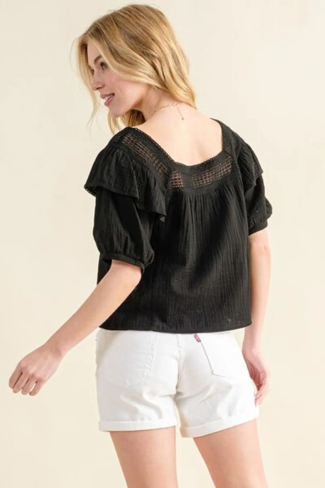 And The Why Square Neck Cotton Gauze Ruffled Blouse