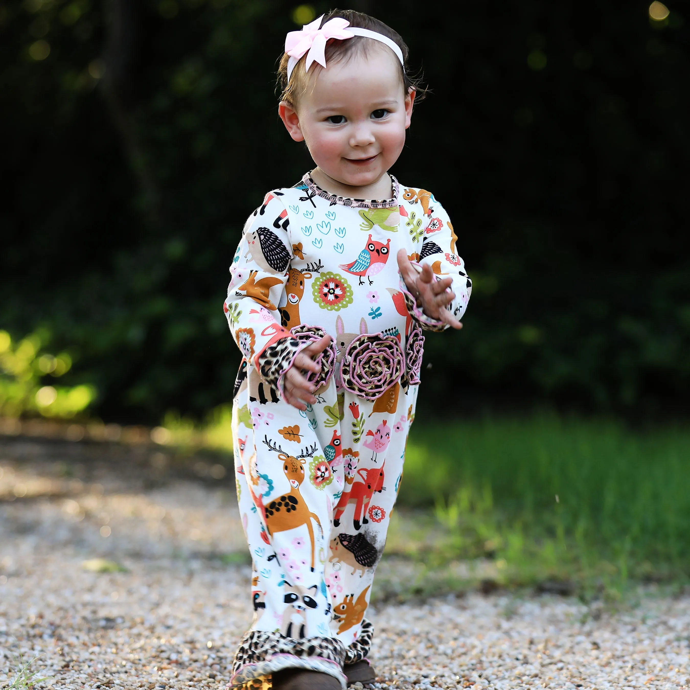 AnnLoren Girls Long Sleeve Forest Animal Friends Baby Toddler Romper