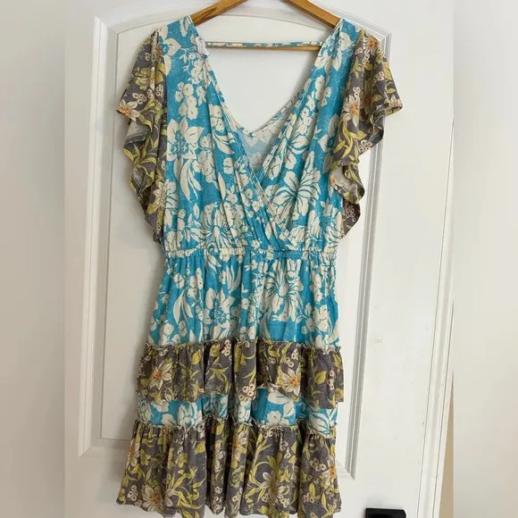 Anthropologie Turquoise Floral Daily Practice Tiered Ruffle Mini Dress Floral