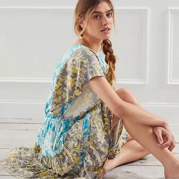 Anthropologie Turquoise Floral Daily Practice Tiered Ruffle Mini Dress Floral