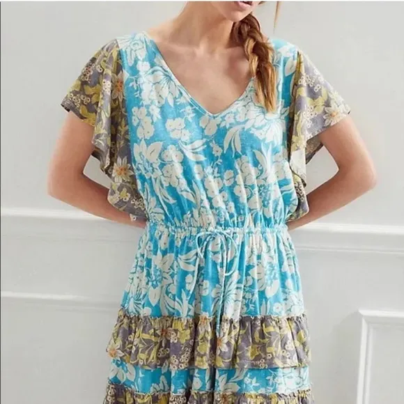 Anthropologie Turquoise Floral Daily Practice Tiered Ruffle Mini Dress Floral