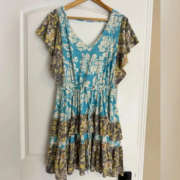Anthropologie Turquoise Floral Daily Practice Tiered Ruffle Mini Dress Floral
