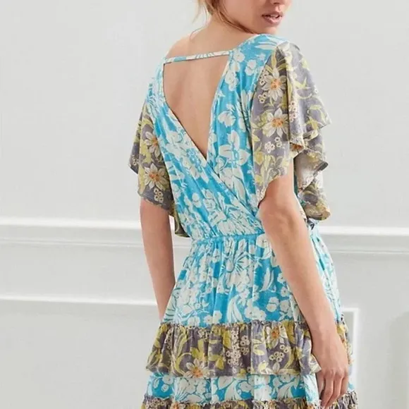 Anthropologie Turquoise Floral Daily Practice Tiered Ruffle Mini Dress Floral