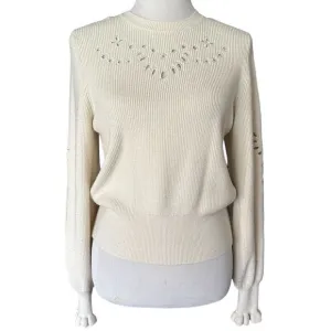 Anthropology Calligraphie Eyelet Cream Ruffled Long Sleeved Crew Neck Sweater