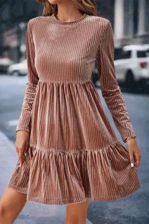 Apricot Powder Velvet Ribbed Long Sleeve Tiered Ruffled Mini Dress