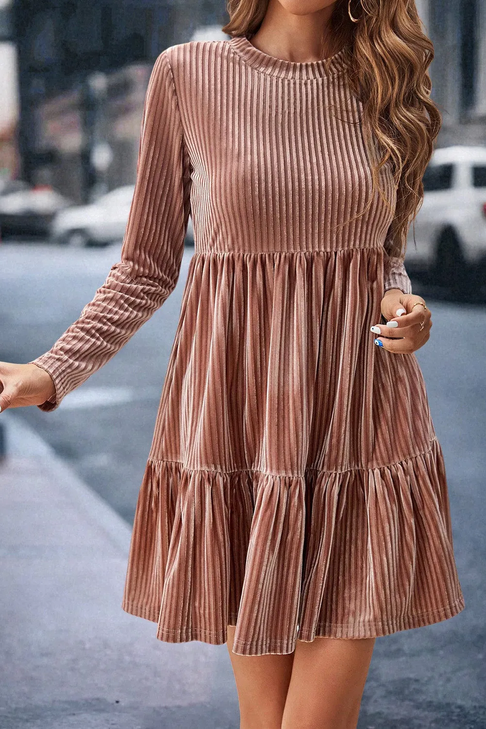 Apricot Powder Velvet Ribbed Long Sleeve Tiered Ruffled Mini Dress