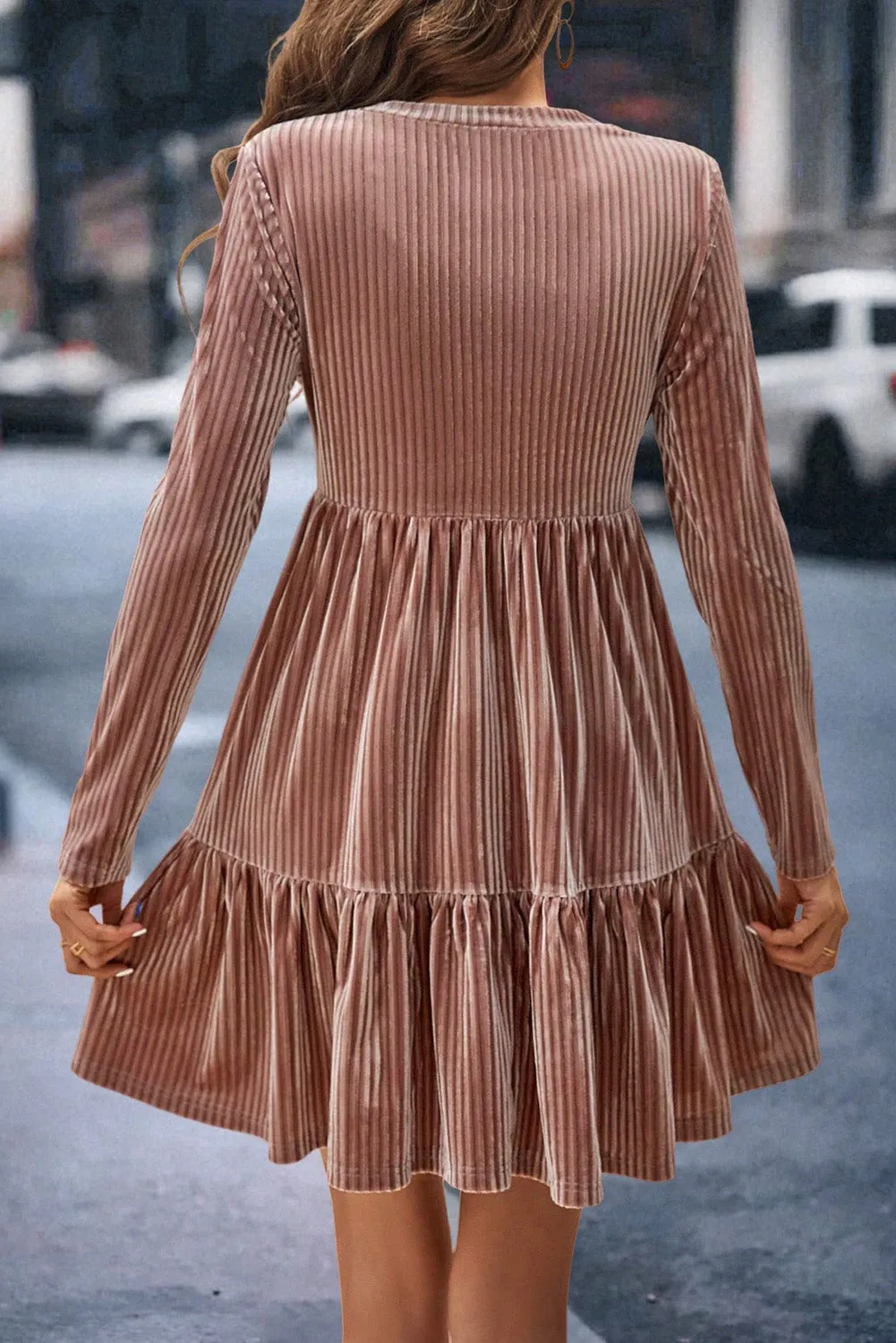 Apricot Powder Velvet Ribbed Long Sleeve Tiered Ruffled Mini Dress