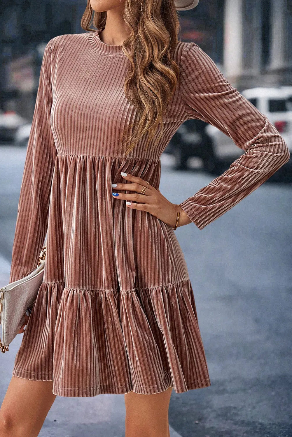 Apricot Powder Velvet Ribbed Long Sleeve Tiered Ruffled Mini Dress