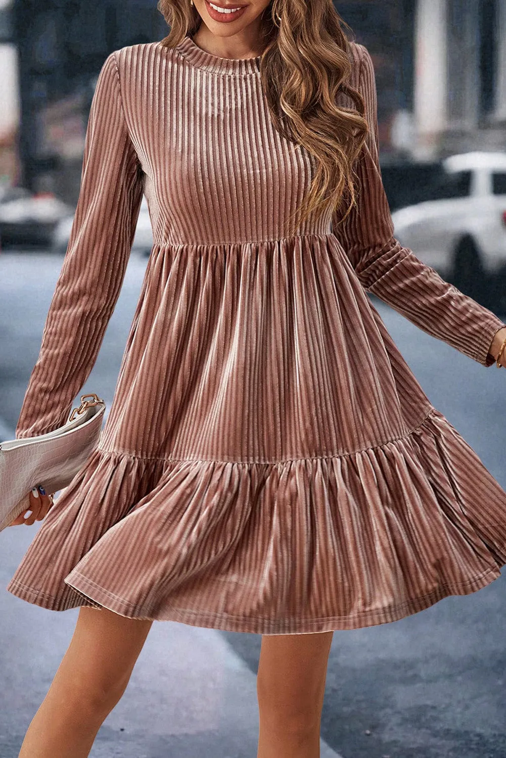 Apricot Powder Velvet Ribbed Long Sleeve Tiered Ruffled Mini Dress
