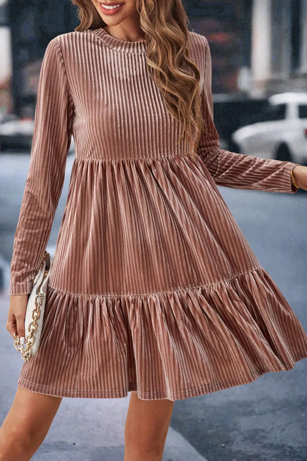 Apricot Powder Velvet Ribbed Long Sleeve Tiered Ruffled Mini Dress