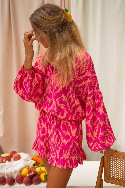Aztec Geometric Print Top and Ruffled Shorts Set