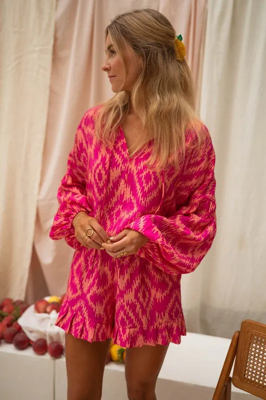 Aztec Geometric Print Top and Ruffled Shorts Set
