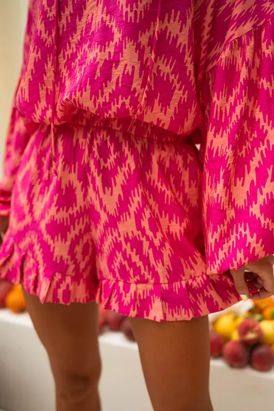 Aztec Geometric Print Top and Ruffled Shorts Set