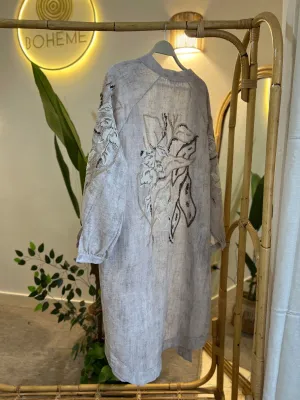 Beige & Brown Linen Embroidered Long Kimono With Pockets