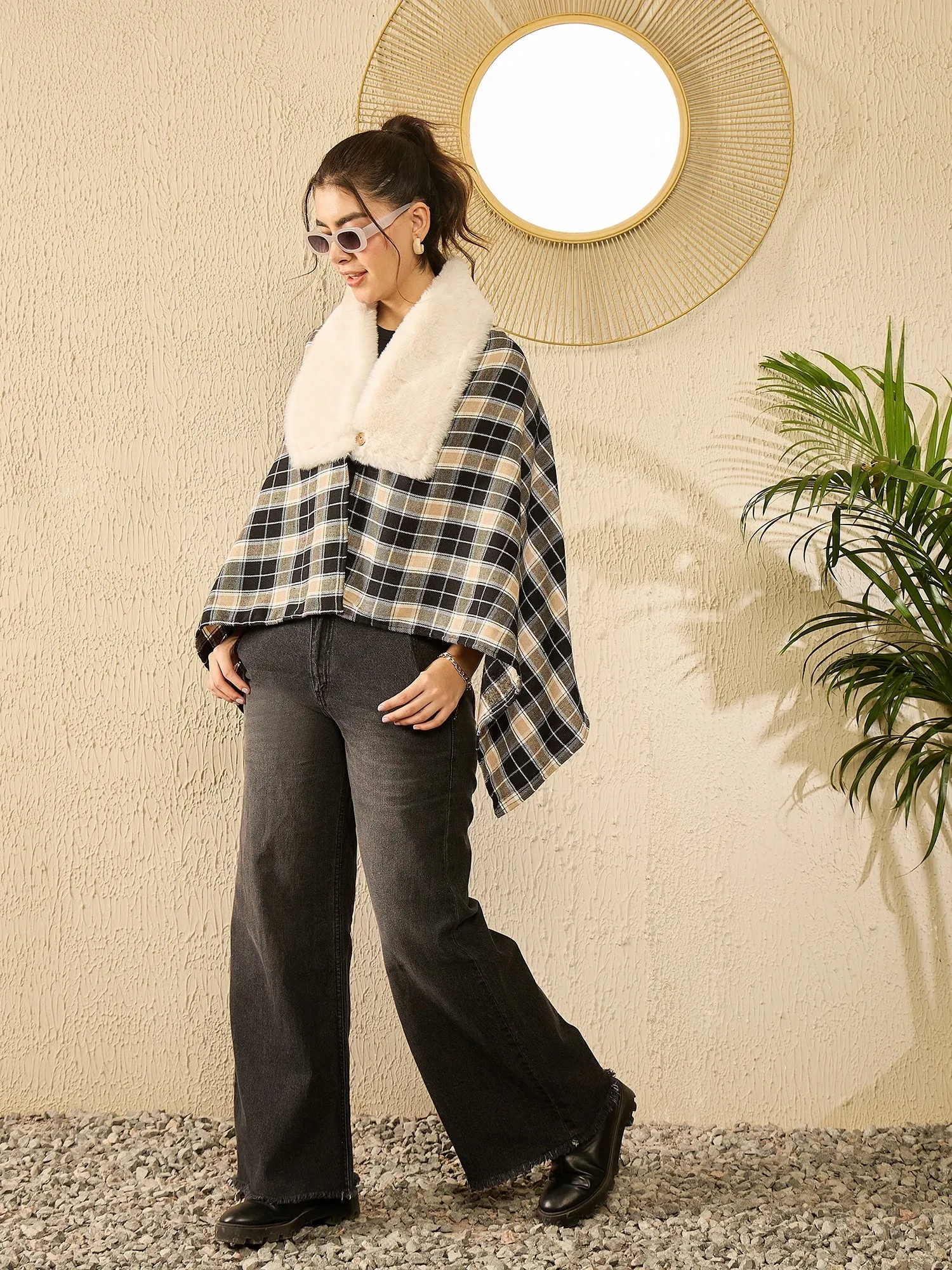 Black Beige Check Cream Fur Poncho