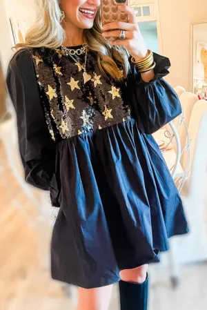 Black Sequin Star Flounce Sleeve Ruffled Babydoll Dress
