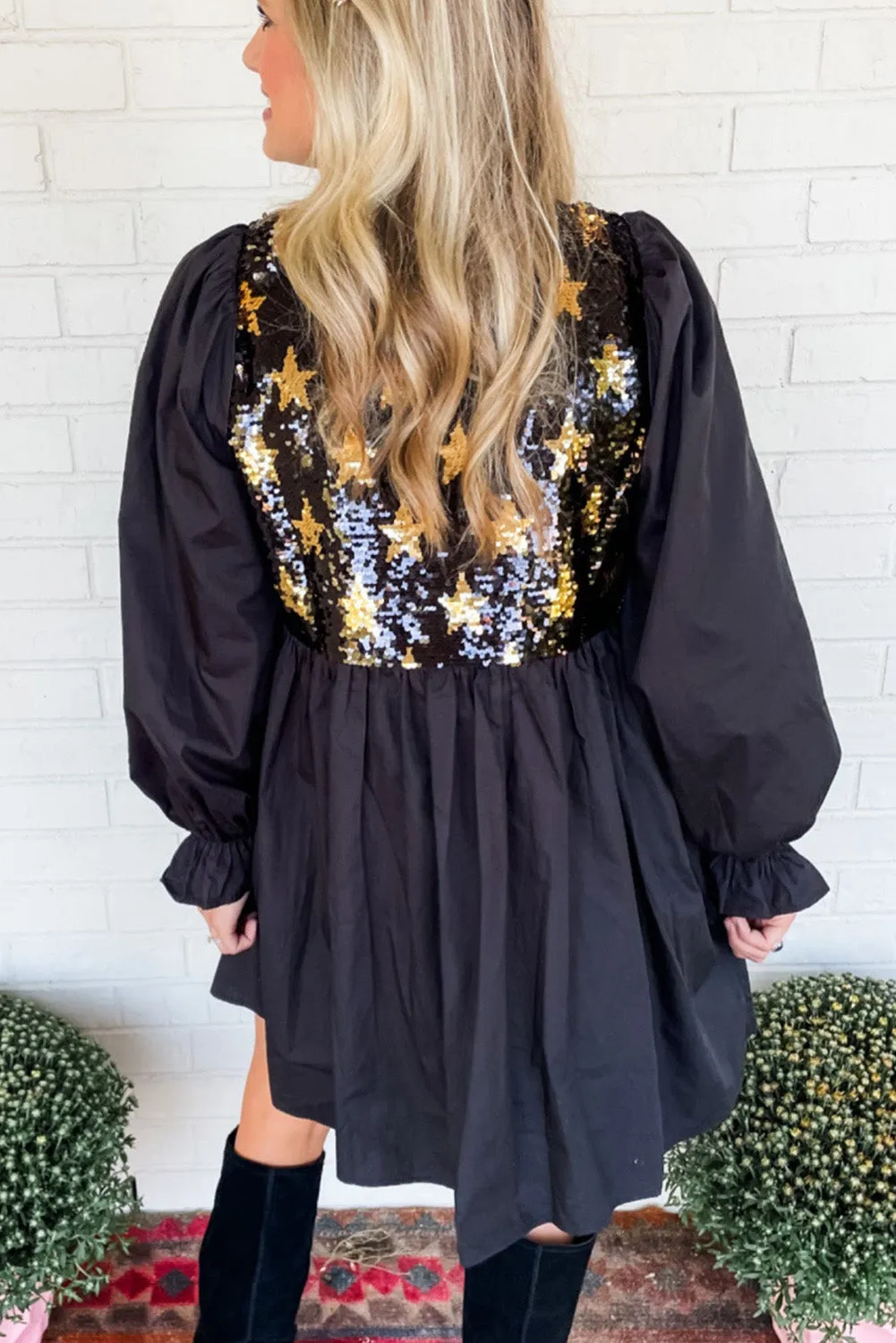 Black Sequin Star Flounce Sleeve Ruffled Babydoll Dress