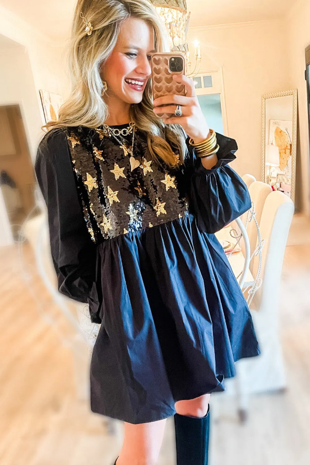 Black Sequin Star Flounce Sleeve Ruffled Babydoll Dress