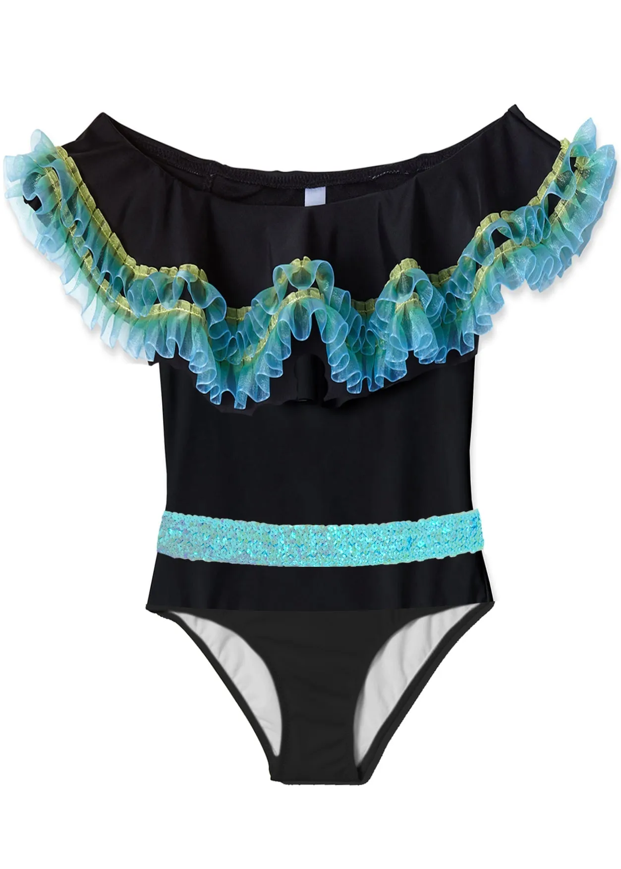 Black Swimsuit with Anemone Fringe & Aqua Sequin Belt