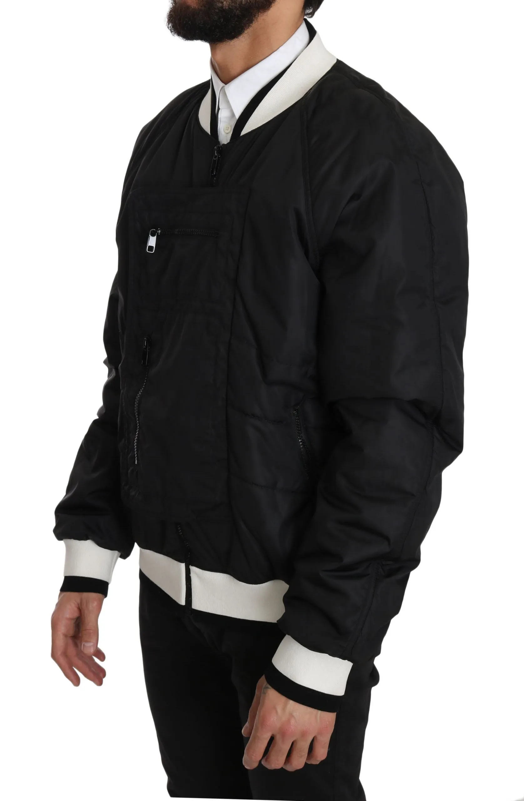 Black White Nylon Bomber Anorak Jacket