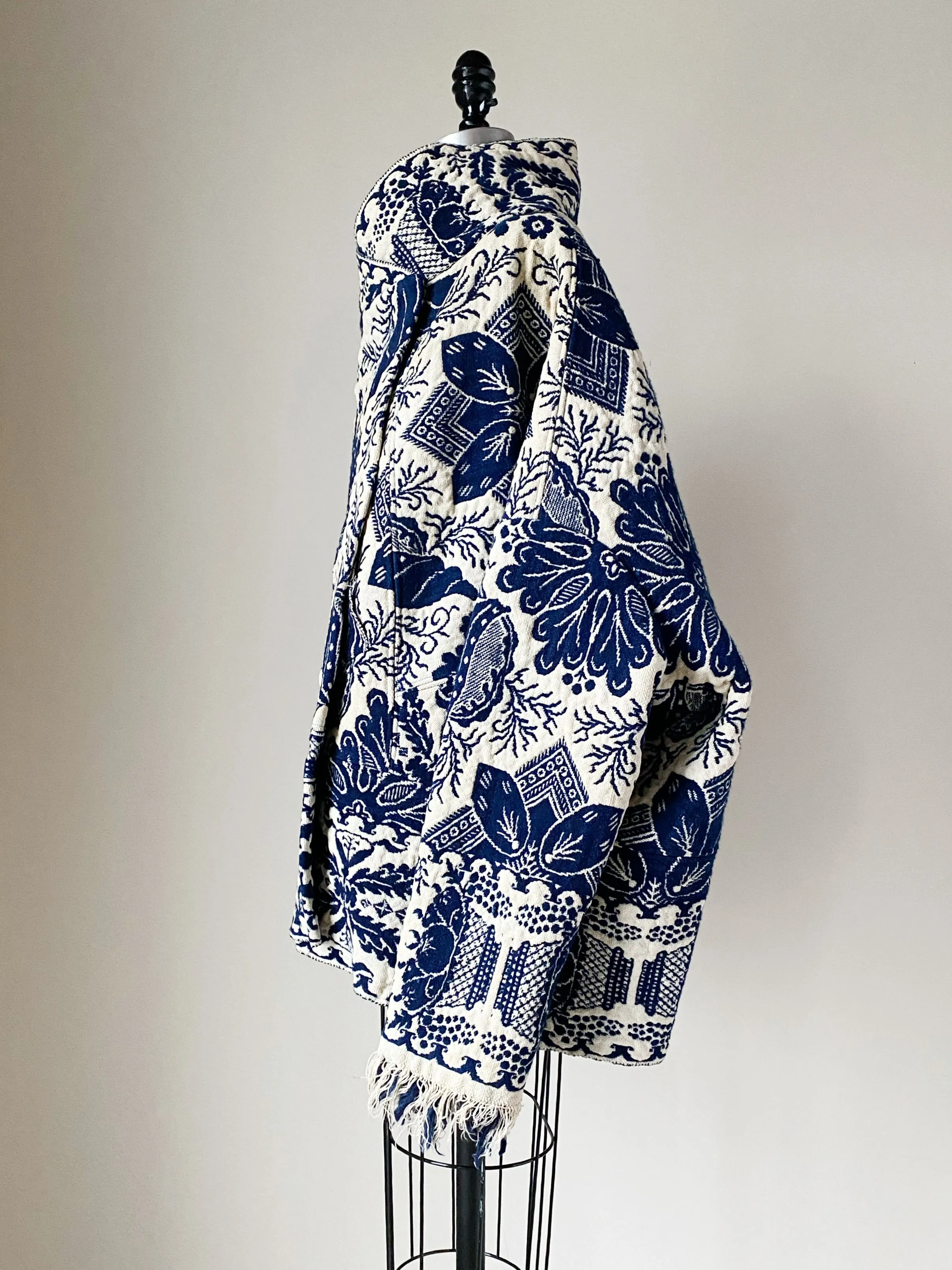 blue and off white antique coverlet cocoon