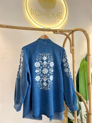 Blue Denim Embroidered Floral Kimono