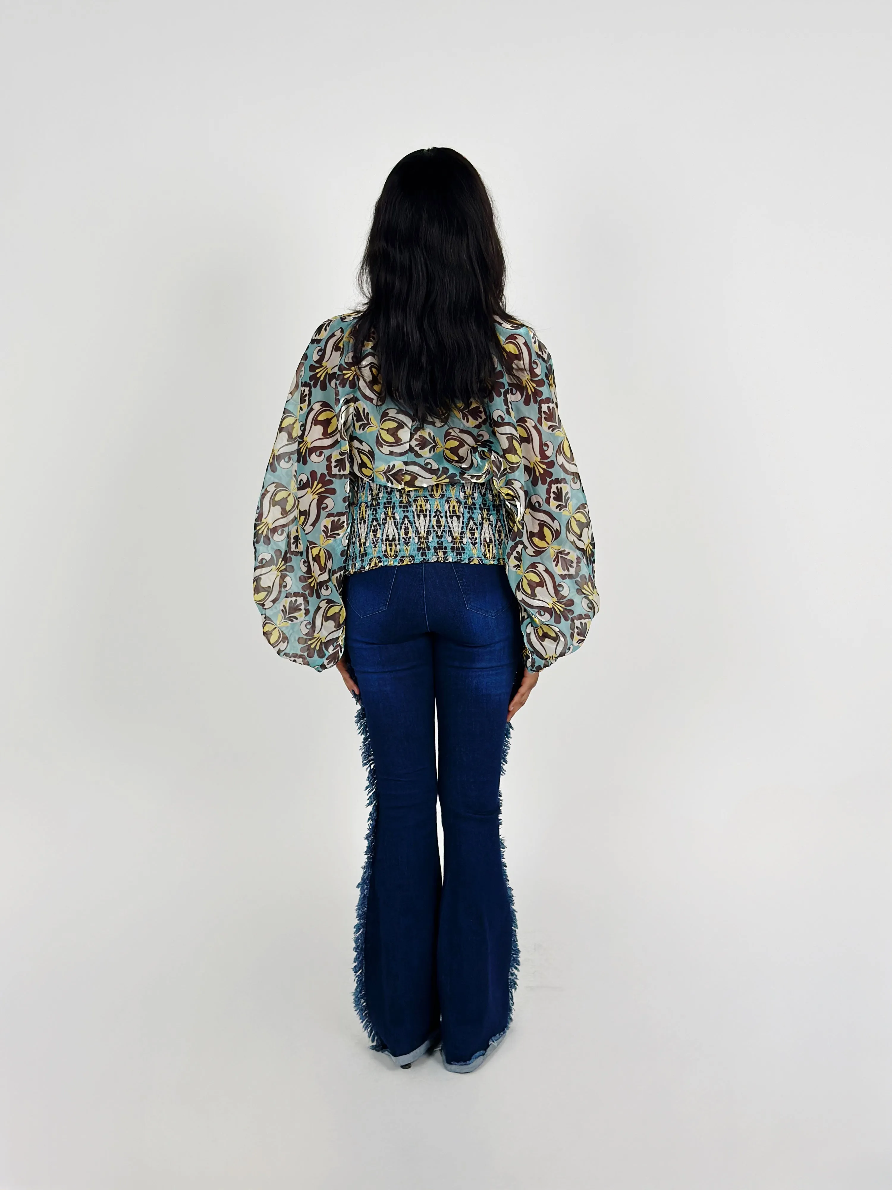 Blue Mock Neck Printed Top