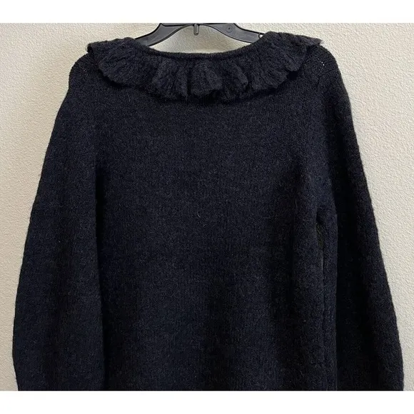 Boden Fluffy Frill Wool Blend V Neck Sweater Size 4 in Black NEW
