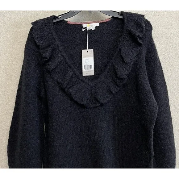 Boden Fluffy Frill Wool Blend V Neck Sweater Size 4 in Black NEW